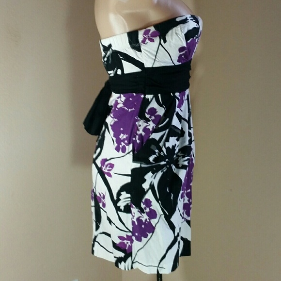 Purple White Black Pleated Strapless Dress pocket - Picture 3 of 9